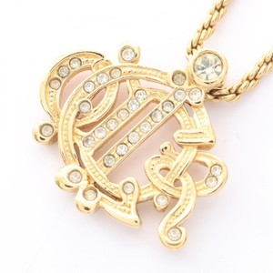 Authentic Christian Dior Emblem logo Necklace Pendant Gold Plated Rhinestone Used women