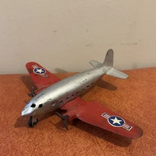 Vintage WWII Wyandotte Red/Silver Pressed Steel Army Plane Airplane Toy 8”