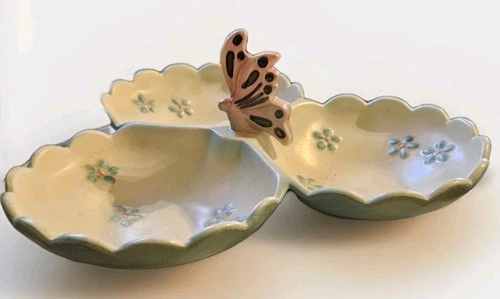 Hull Pottery Three Bowl Serving Dish Tray "Butterfly" 1956 Pink Blue  B23 12"