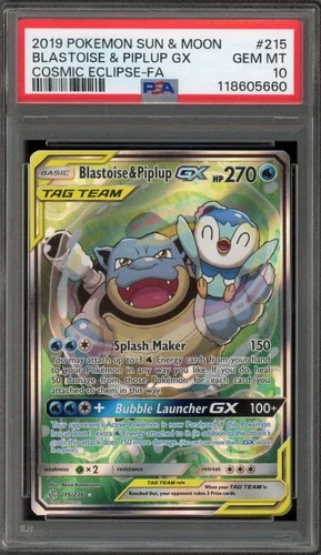 Pokemon Blastoise & Piplup GX Cosmic Eclipse Full Alt Art #215 PSA 10 Gem Mint