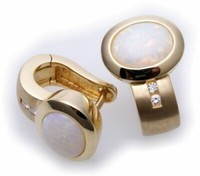 Neu Damen Ohrringe Klapp-Creolen Echt Gold 585 Opal Diamant 0,08Ct Gelbgold 14Kt