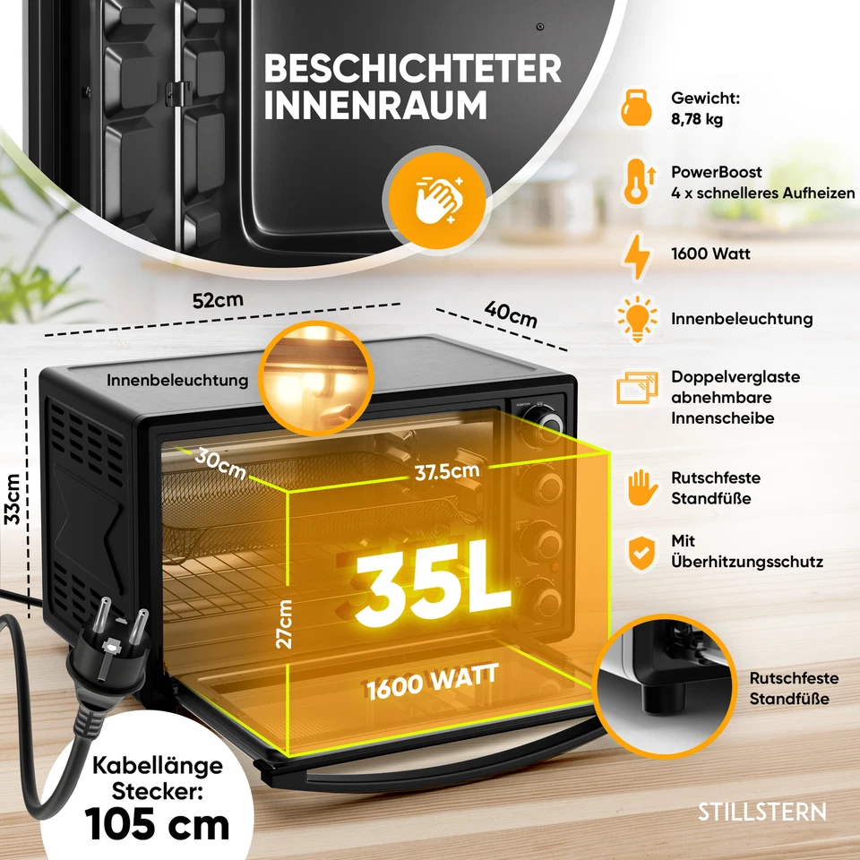 Minibackofen mit Umluft (35L) Drehspieß, Timer, 1600W, Doppelglastür, DE Version - Bild 4 von 4
