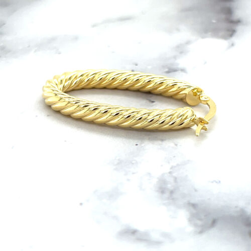 14K Yellow Gold Large Oval Twist Hoop Earrings, 3.7mm Thick, Twisted Hoops - Picture 6 of 9