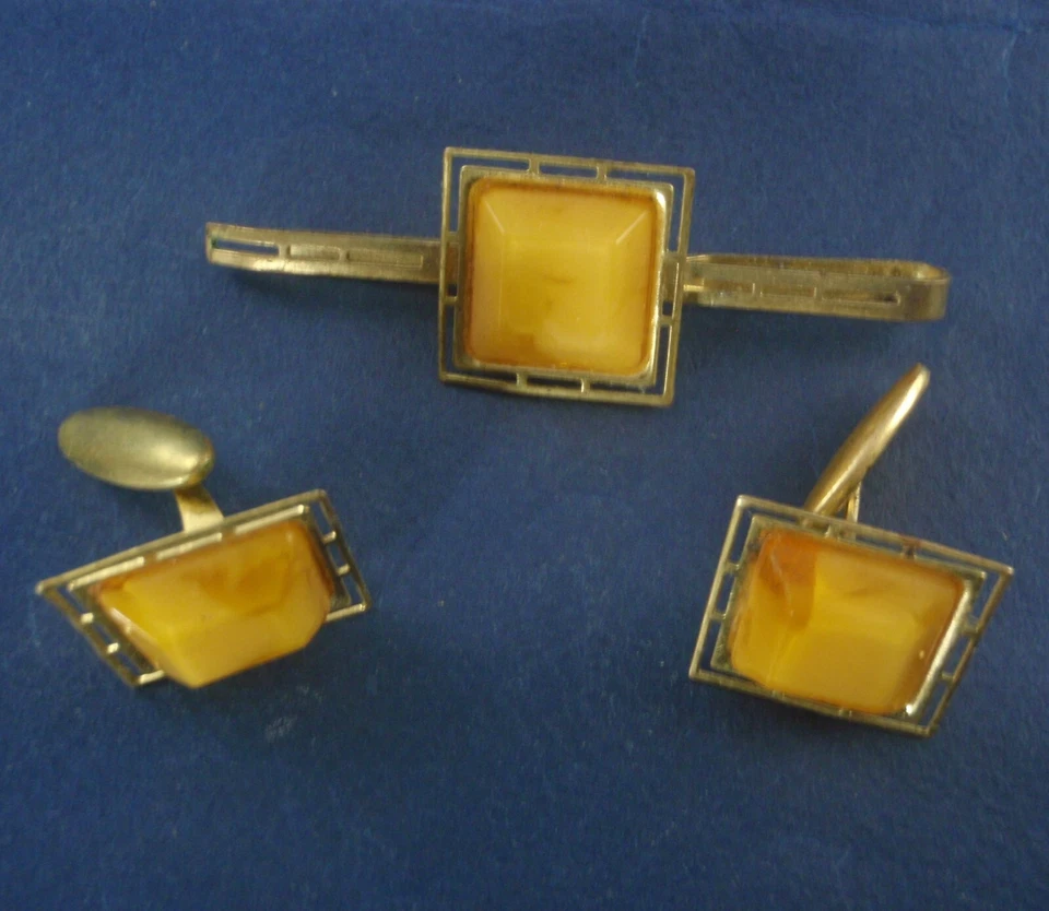 Gemelos y clip de corbata vintage URSS para hombre imitación ámbar soviético Foto 2 de 4