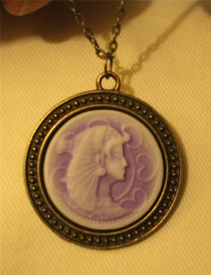 Handsome Brasstone Violet & Cream Egyptian Nefertiti Pendant Necklace