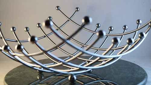 Vintage MCM Metal Fruit Bowl Chrome Silver Ball Feet Atomic Grid Curve 12" x 12" - Video 1 of 1