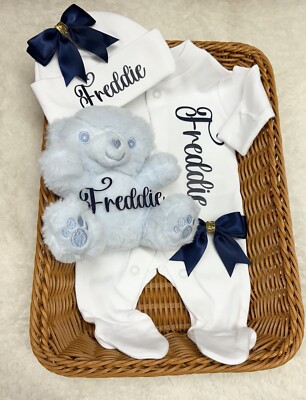 Luxus Neugeborenes Baby Junge/Mädchen Strampler KOSTENLOSER NAME Teddy Bettdecke personalisierte Mütze