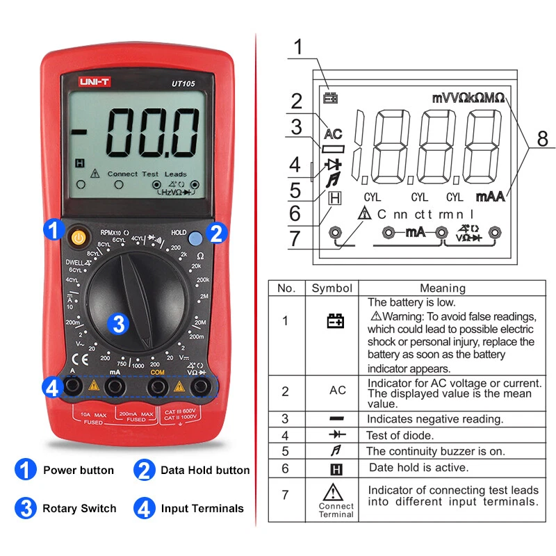 UNI-T Automotive Multimeter Voltmeter Ohmmeter Tach Dwell RPM Diode Test Data Ho - Image 2 of 4