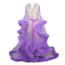 Women Sheer Sleepwear Nightwear Robes Feather Trim Dresses Photograph Prop