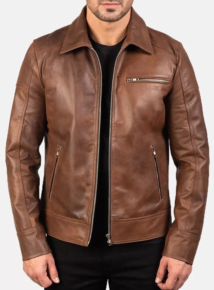 Chaqueta de Cuero para Hombre Moto Marrón Piel de Oveja Genuina Cuero Color Marrón Chaqueta