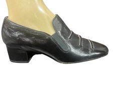 Sz 7 NOS Vtg 70s Shoes MOD PIRATE CHUNKY HEELS Black Crinkle LEATHER Ci Ranno