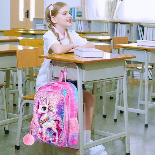 3PCS Unicorn Backpack for Girls 16”Kids Sequin Bookbag with Lunch Box Water R... - Picture 6 of 7