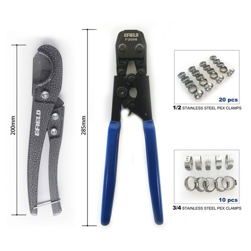 EFIELD PEX CINCH CLAMP CRIMPING TOOL & CUTTER + 30 1/2" and 3/4" CLAMPS