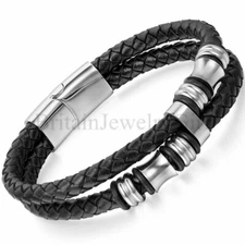 Double Layer Black Leather Bracelet Stainless Steel Clasp, 8",8.5",9", Gift Bag