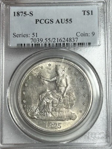 1875-S Trade Dollar $1 PCGS AU55 Bright Flashy Silver Coin Looks UNC
