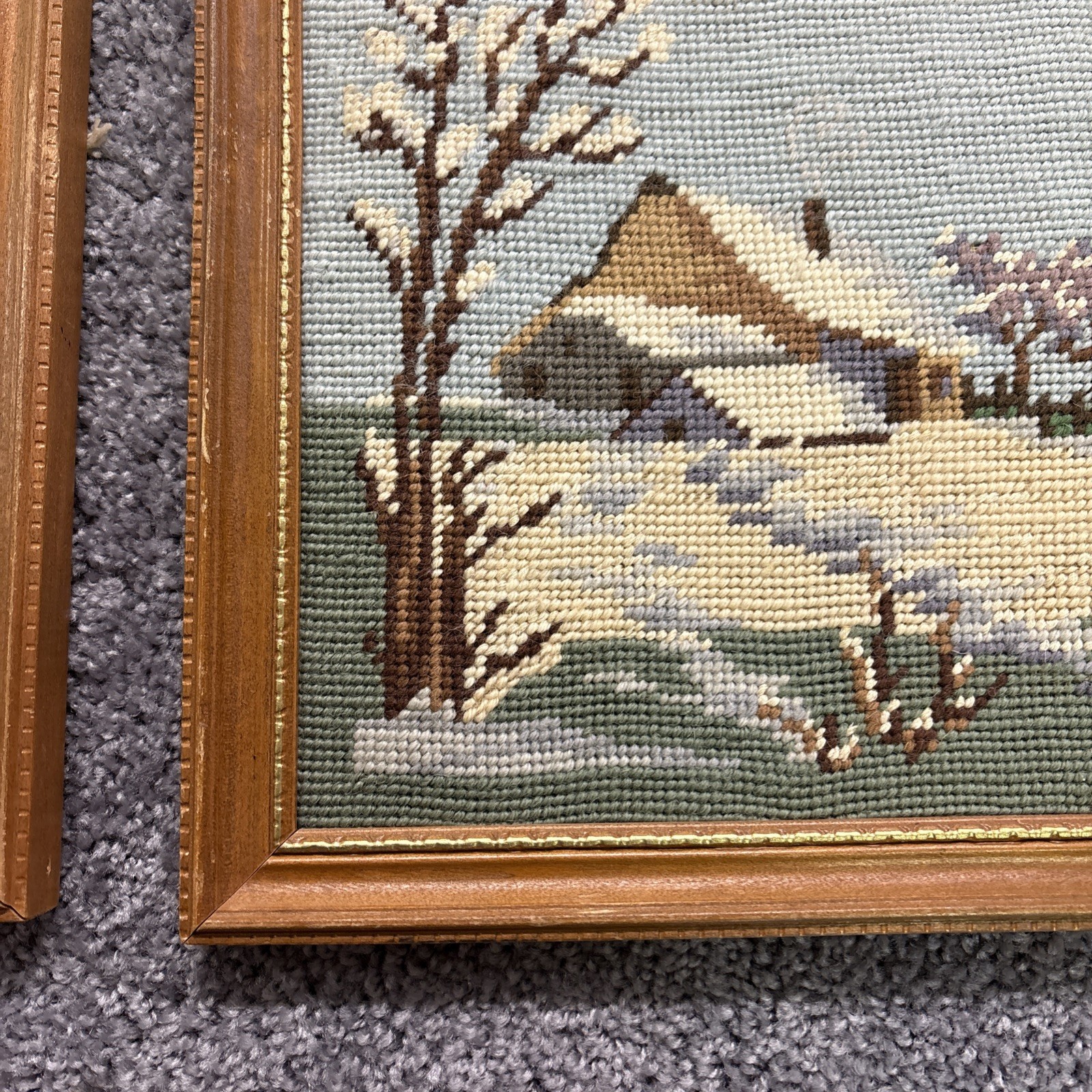 Four Season Needlepoint 11” Framed Pictures Winter Spring Summer Fall Signed