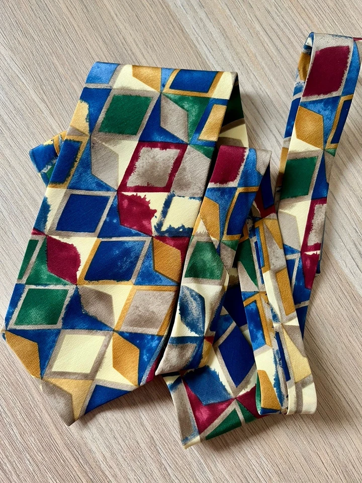 Men's Silk Tie Geometric Multicolor Metallic Watercolour NeckTie W Gold Plate - Imagem 4 de 4