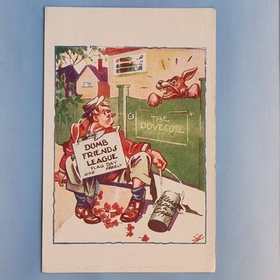 Comic Postkarte um 1930 Flagge Tag dumme Freunde Liga Sammlung Blech wütender Hund S.H.