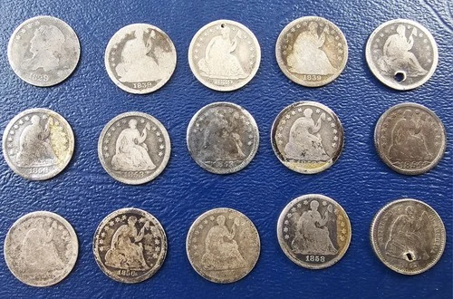 Lot of 15 Bust and Seated Liberty Half Dimes 90% Silver - 1829-1862