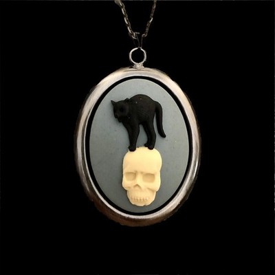 Skull & Black Cat Cameo Necklace, Vintage Gothic Steampunk Large Pendant