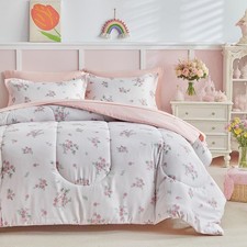 6pcs Bed in a Bag for Girls, Floral Pink Design, Twin Size Microfiber Comfort...