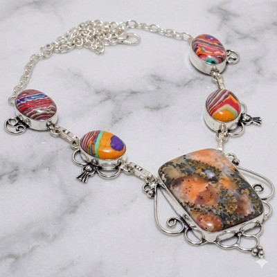 Orange Rhodochrosite, Rainbow Calsilica  Necklace 18''