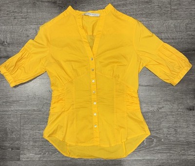 Zara Basic Women s Yellow Short Sleeve V Neck Button Up Blouse Size Medium