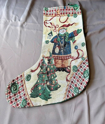 VTG Tapestry Embroidered Snowman Christmas Holiday Stocking Cottage Granny Core