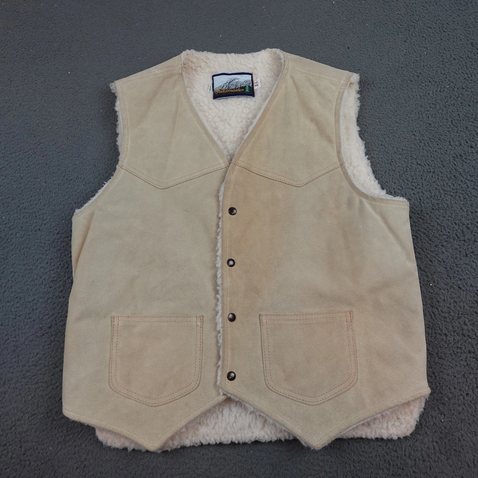 Vintage Fieldmaster Vest Mens Medium Beige Suede Sherpa Lined Snap USA 70s