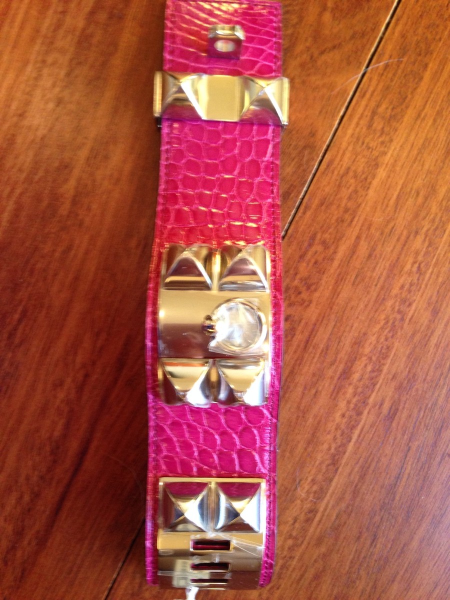 Hermes Collier de Chien Hermes Bracelet: Fuchsia Croc with