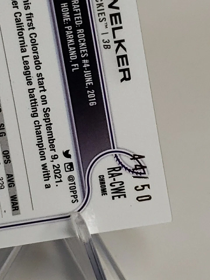 COLTON WELKER 2022 Topps Chrome  Gold Refractor Rookie Auto /50 Rockies RC  - Image 3 of 3