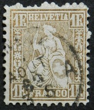 Switzerland 1864 1 franc high value golden bronze SG 60a fine used cat £600 rare