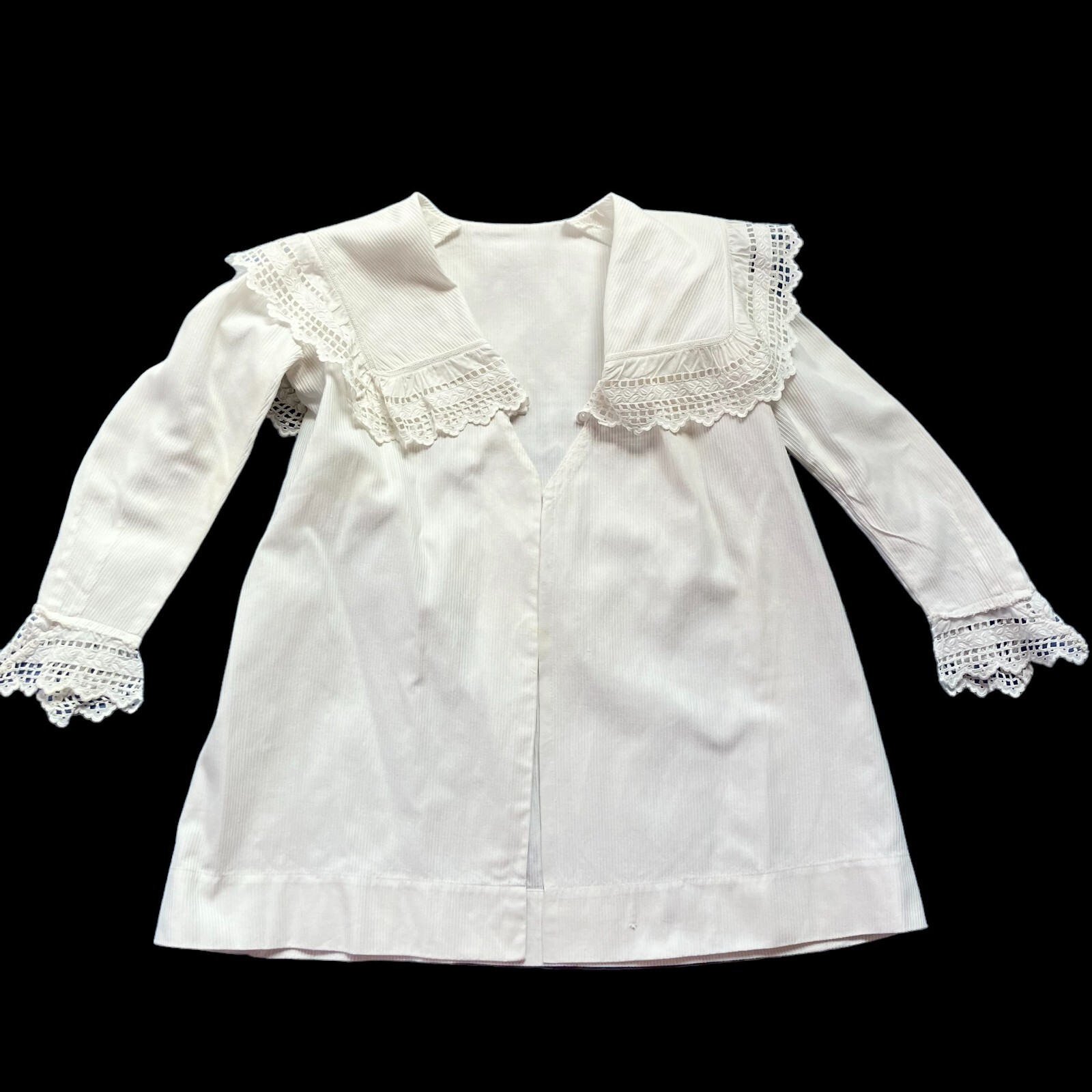 Antique Edwardian White Pinstripe Cotton Open Front Jacket Eyelet Lace Collar
