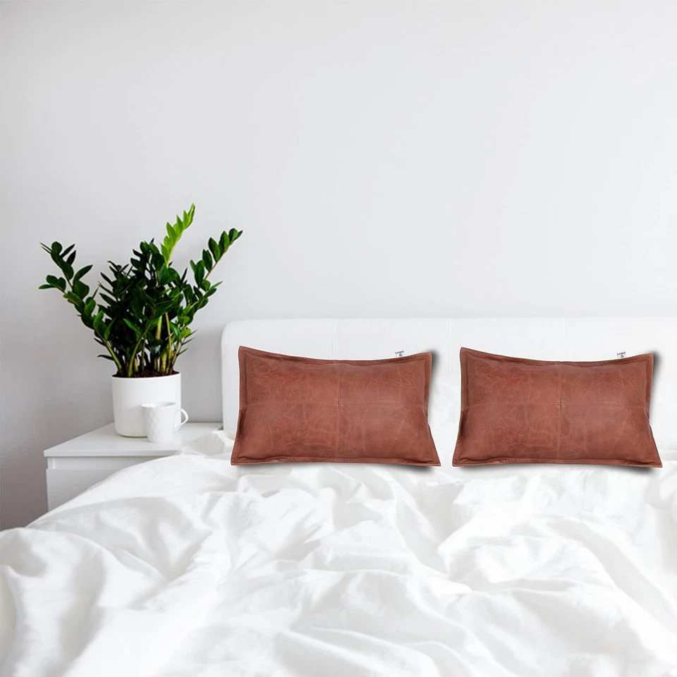 Juego de 2 fundas de almohada de cuero hechas a mano de piel de cordero Napa premium Foto 4 de 4