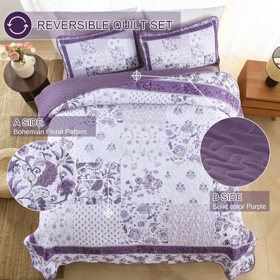 Purple Quilt King Size 3 Pieces,Boho Plaid Floral Quilts Set Patchwork
