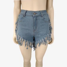 La Bijou Blue Light Mid Wash Curved Hem Fringe Trim Stretch Demin Shorts Size S