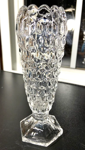 FOSTORIA AMERICAN HEXAGONAL VINTAGE CUPPED CLEAR GLASS BUD VASE 6.25 INCH CUBIST