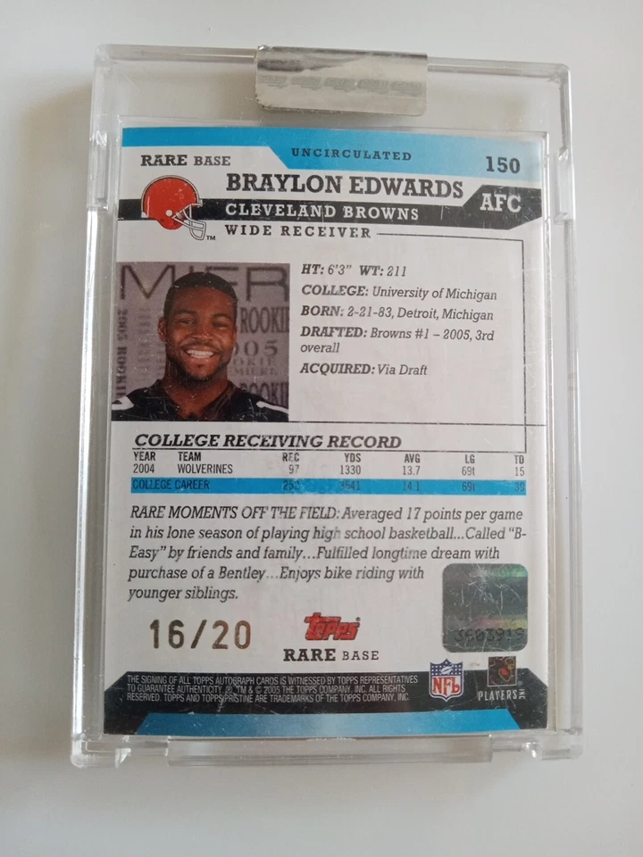 Topps Base Rara 2005 Sin Circular Autografiado #150 16/20 Braylon Edwards Foto 2 de 2