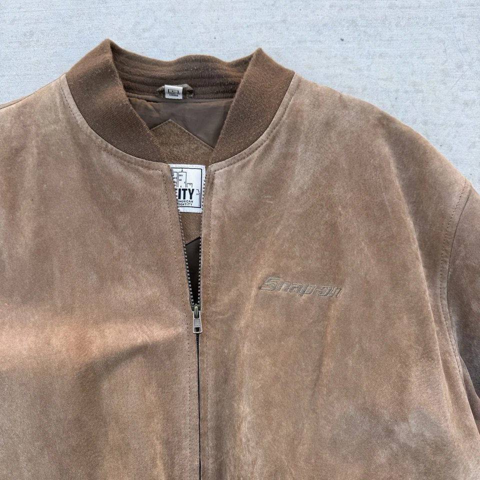 Vintage Snap On Brown Suede Leather Bomber Jacket Size Large Varsity Embroidered - Image 2 of 4