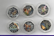 peter pan silver proof coloured  set of 6,,,50 pence coins,boxed with coa,mint