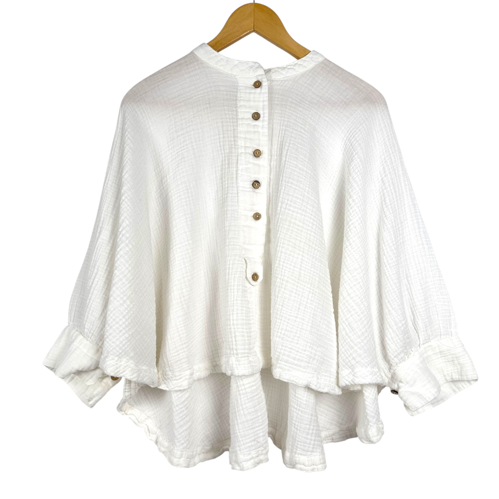 Free People White Gauze Cotton Blouse Oversized Boho Flowy Top Button Front L