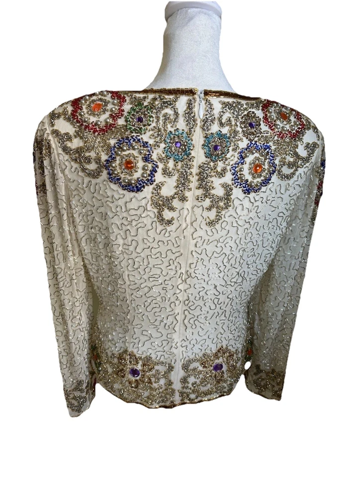 Top vintage de lentejuelas con cuentas 100 % seda para mujer talla 8 adornado colorido Gatsby Foto 3 de 4