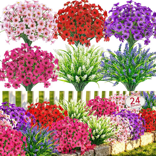 24 Bundles UV Resistant Artificial Flowers for Outdoors Mixed Colors Fake Flower