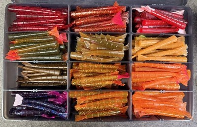Over 250 Plastic Shrimp Tails 4'' & 3'' And Comes With 14''x9'' Plano Storage Case