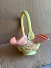 FENTON Burmese Glass Dogwood Flower Basket Signed By  S. Walsh