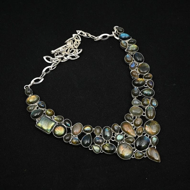 Natural Labradorite Gemstone Handmade 925 Sterling Silver Jewelry Necklace 18" - Image 3 of 4
