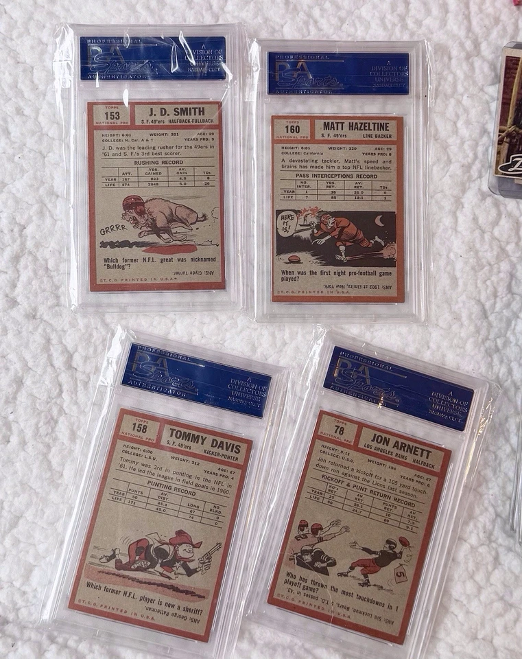 4 Football 1962 TOPPS PSA Cards Matt Hazeltine, Jon Arnett, Tommy Davis, JDSmith - Image 2 of 2