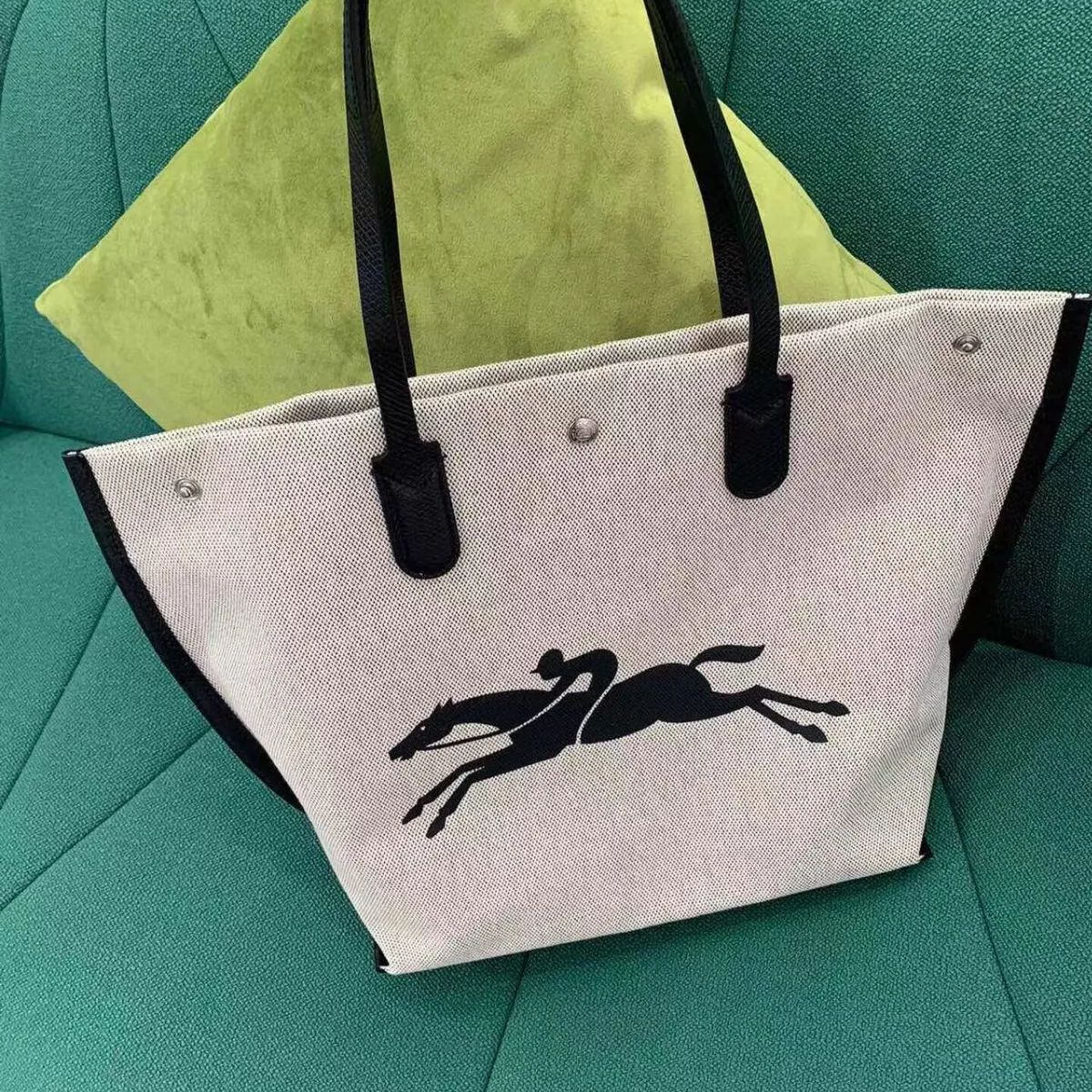 Longchamp Roseau L Tote Bag in Beige Cotton Canvas with Leather Accents Made in Japan