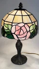Vintage Tiffany Style Stained-Glass Small Table Lamp 16” Flowers & Brown Cord