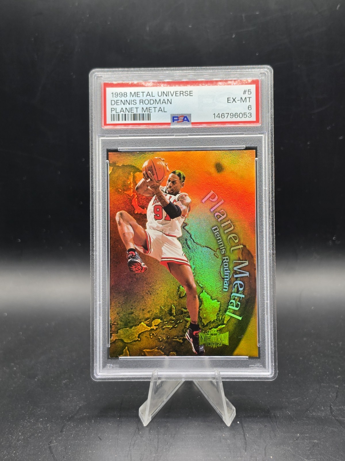 Dennis Rodman #5 Basketball Cards 1998 Metal Universe Planet Metal trading card — raw and PSA graded price guide